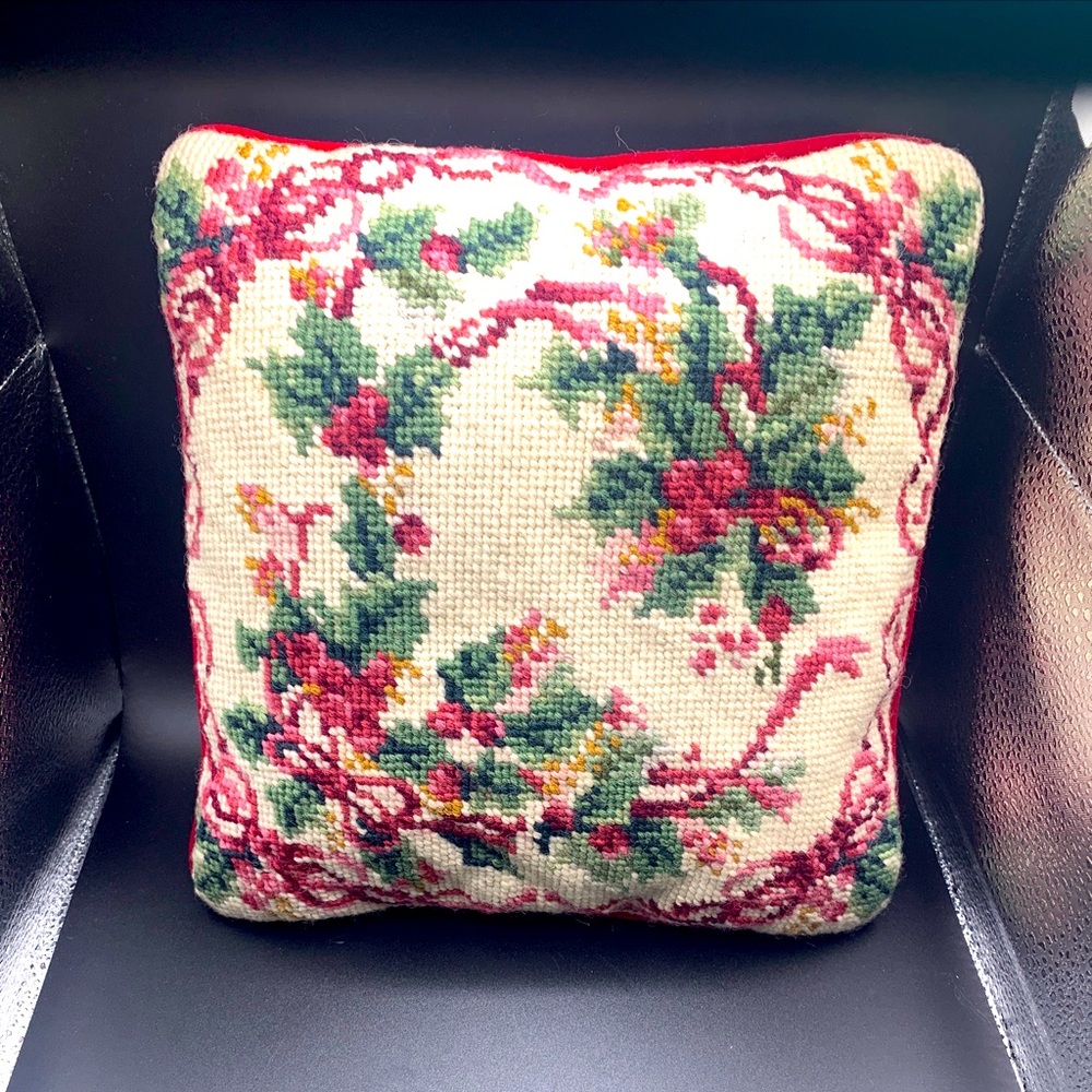 VTG Small 9” Needlepoint pillow floral& ribbons pink mauve rose red velvet back